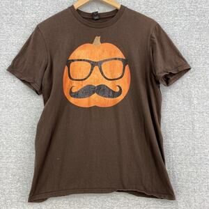 Halloween Pumpkin Tshirt Mens Medium Brown Anvil Tee Short Sleeve Mustache Nerdy